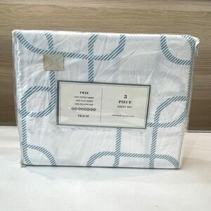 Tracie Twin Sheet Set 3 Piece White Aqua Blue Geometric Pattern New In Package